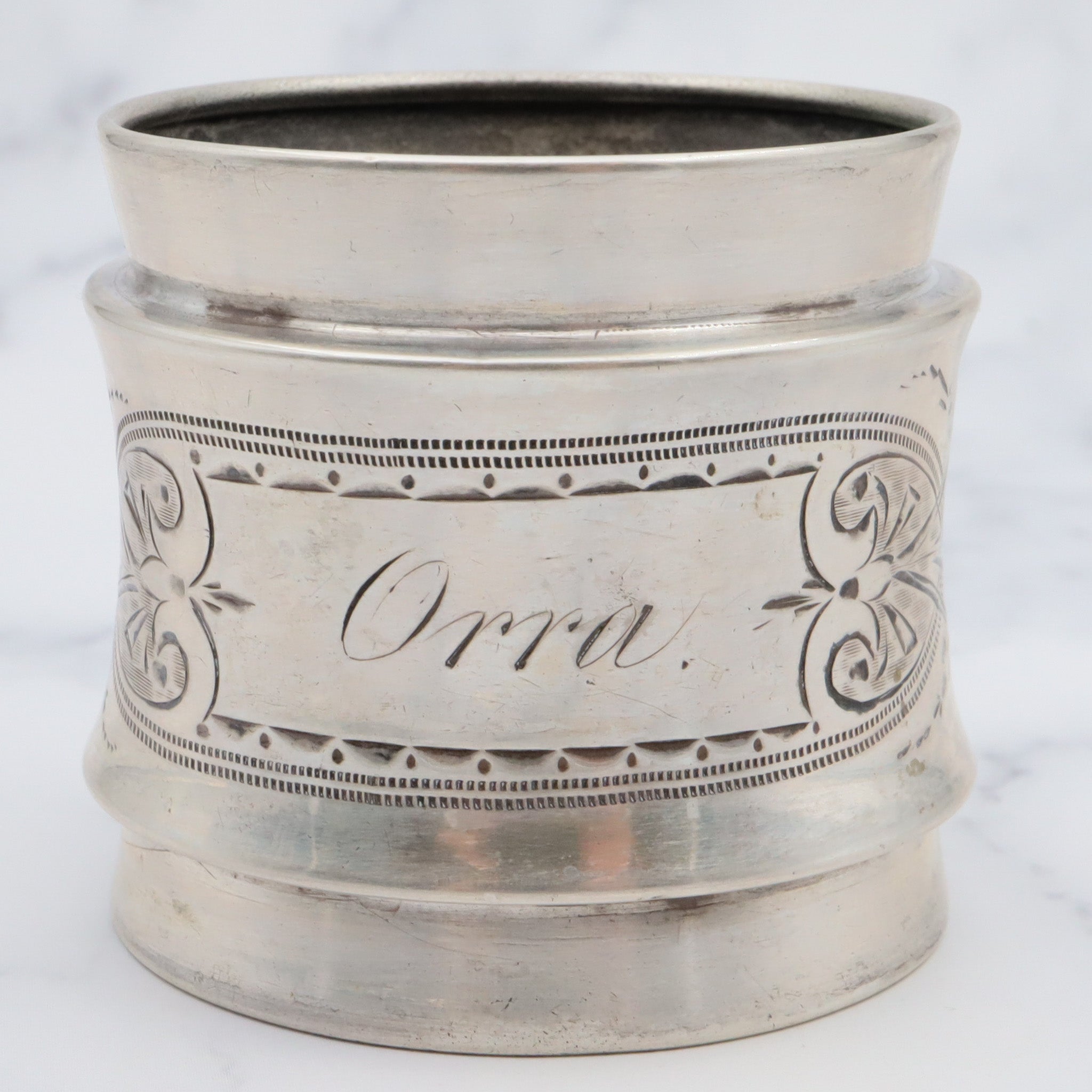 Antique Aesthetic period American coin silver napkin ring engraved "Orra"